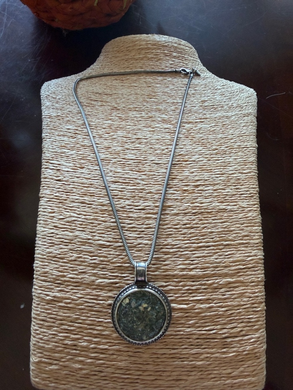 Sterling Silver roman glass Pendant sterling silver chain needs polishing signed
